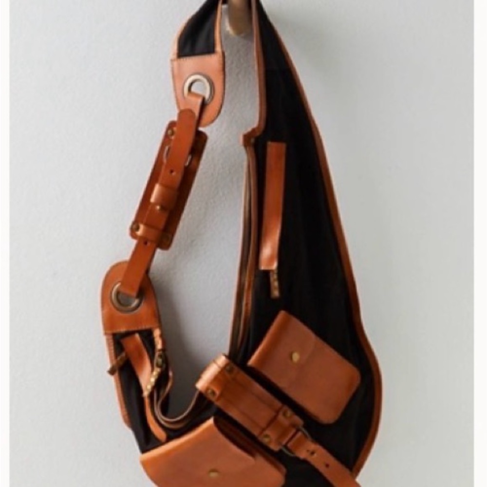 New Free People Leather Chest Sling Bag - Tan/Black